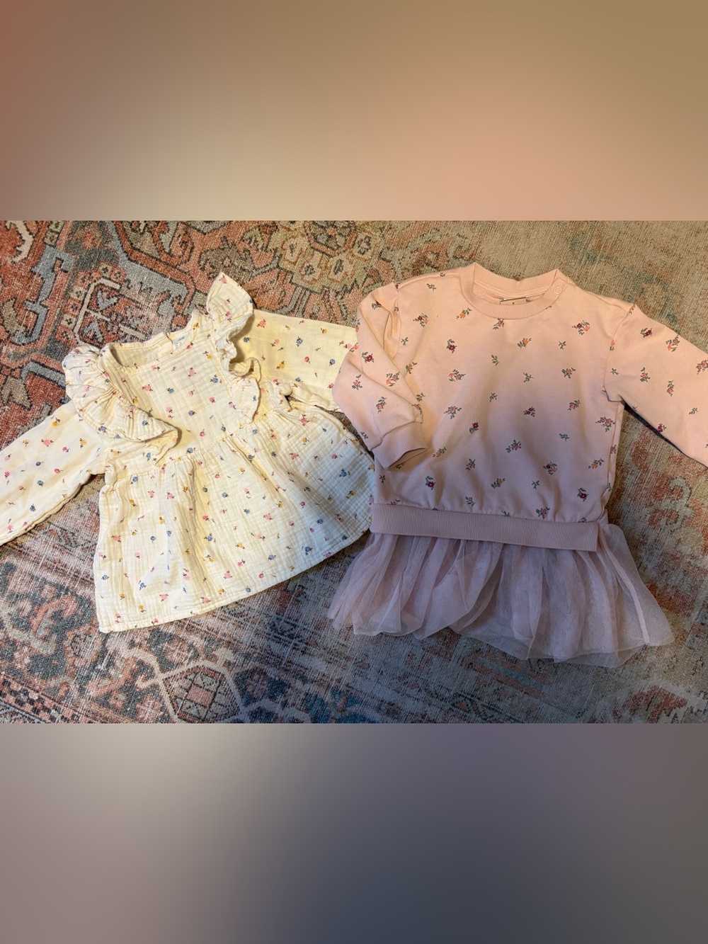 H&M Baby Girl Floral Bundle Ruffle Gauze Tunic & Pink Tulle Sweatshirt Dress |2T
